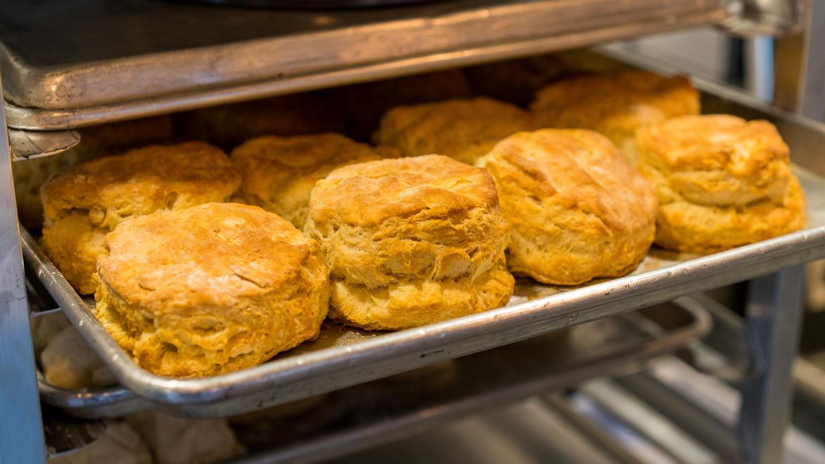 A tray of biscuits coming out of the oven at Seattle Biscuit Company