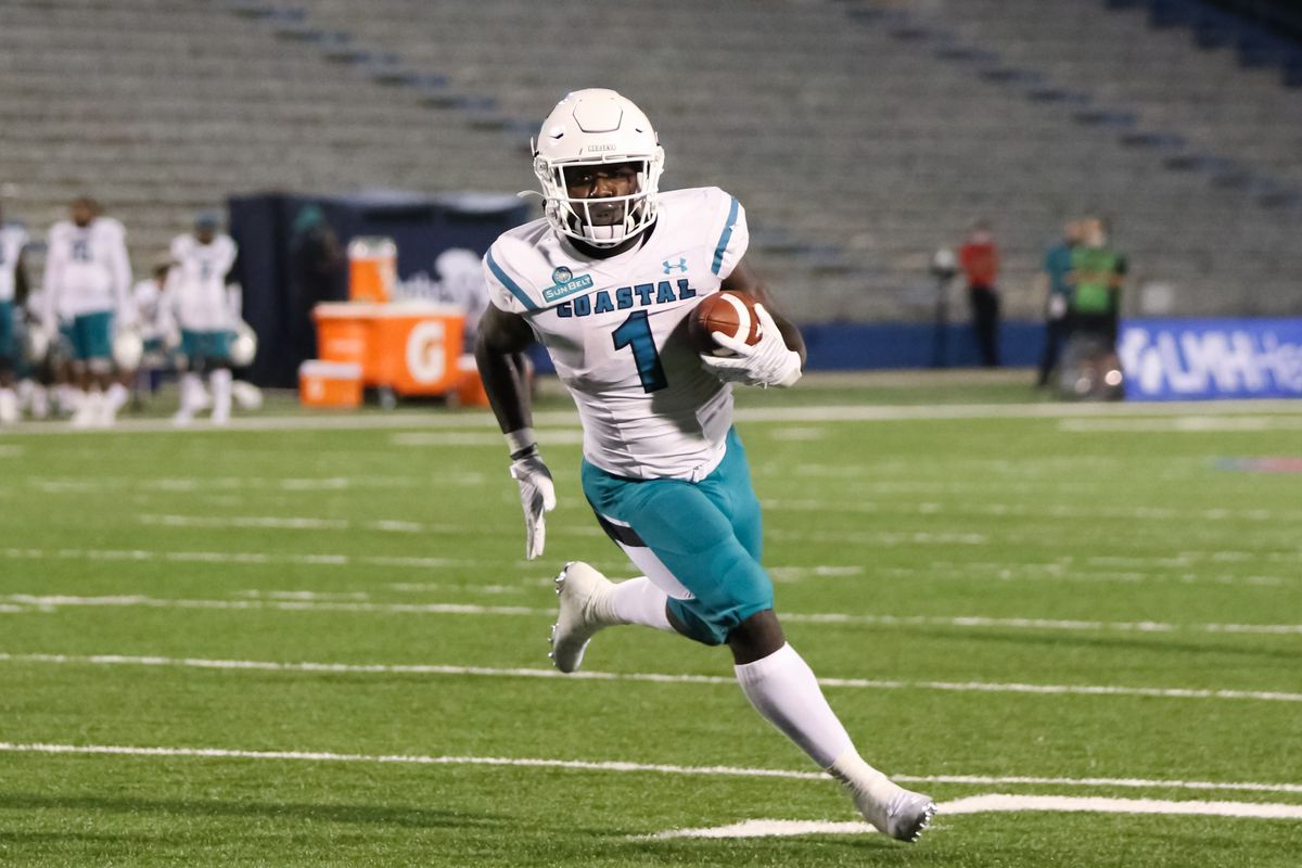 Coastal Carolina Chanticleers running back CJ Marable rushes for a 2-yard touchdown late in the fourth quarter of a college football game between the Coastal Carolina Chanticleers and Kansas Jayhawks on September 12, 2020 at Memorial Stadium in Lawrence, KS.&nbsp;