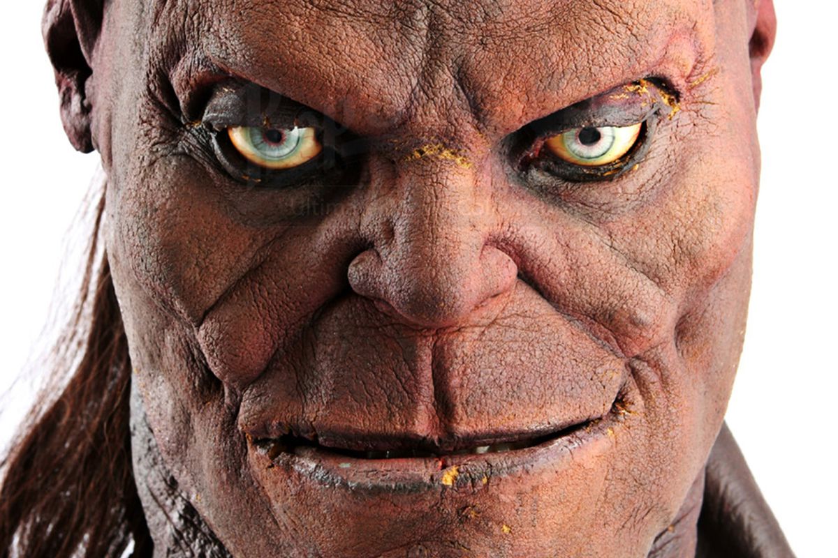 a close-up of a prop of the face of Goro from Mortal Kombat