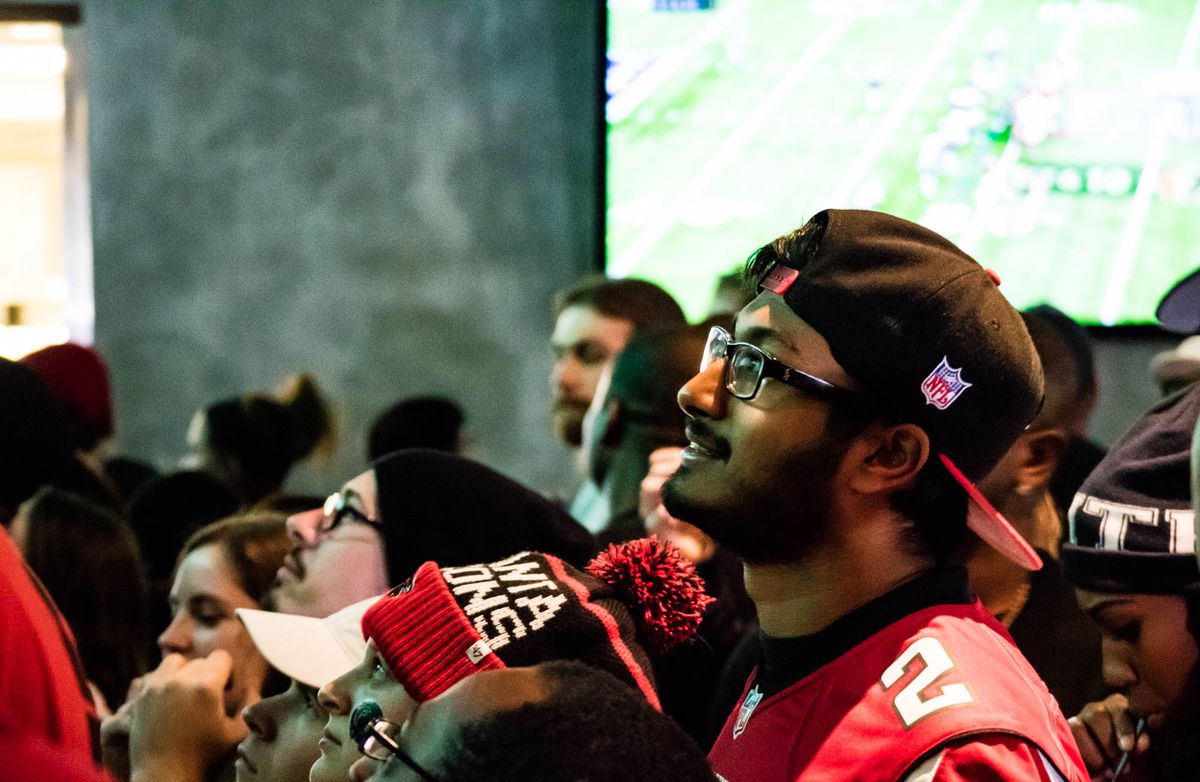 Falcons fans watch the Super Bowl at Stats.