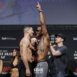Nordine Taleb and Danny Roberts square off at UFC on FOX 26 weigh-ins at Bell MTS Place in Winnipeg, Manitoba.