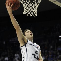 BYU guard Matt Carlino (2) goes in for an easy layup during a game at the Marriott Center in Provo on Wednesday, Dec. 11, 2013.