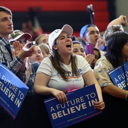 The crowd cheers as Democratic presidential candidate Bernie Sanders speaks to 4,800 people at a rally at West High School in Salt Lake City on Monday, March 21, 2016. 