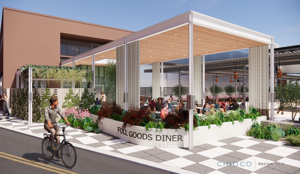 A rendering of a restaurant with a patio and sign that reads Full Goods Diner on the bottom.