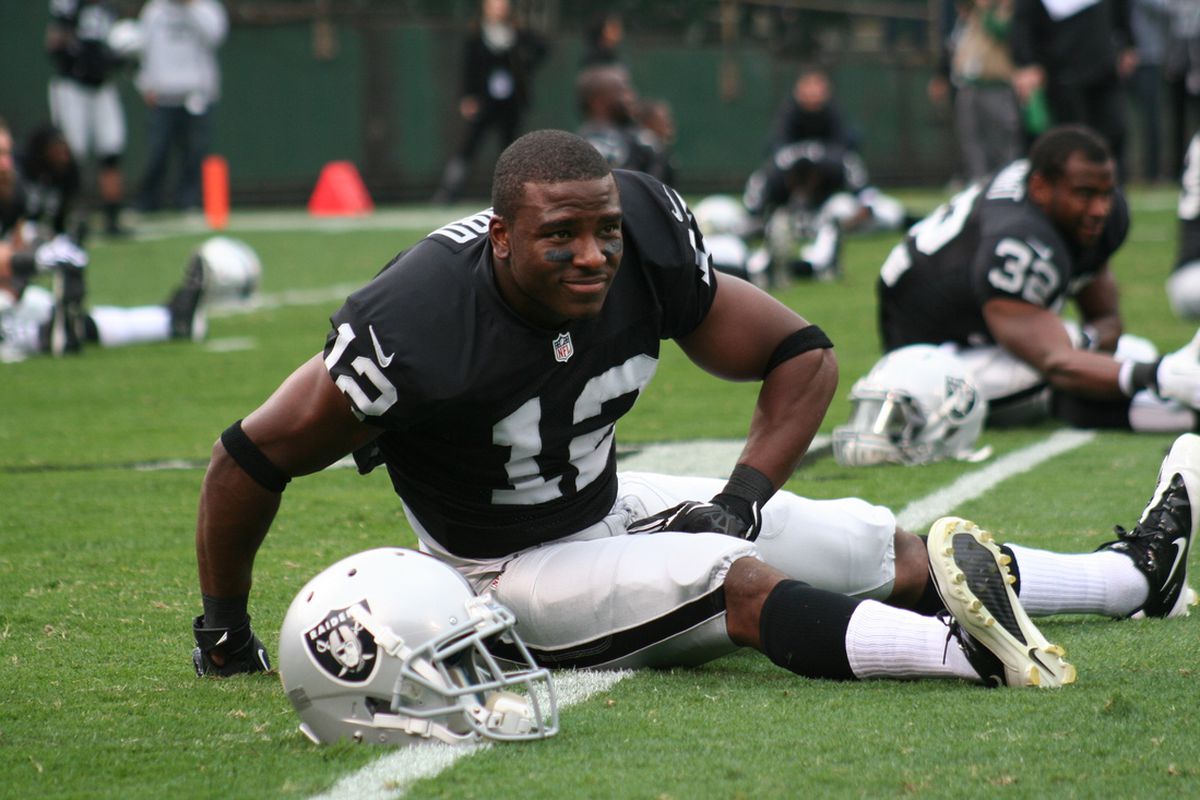 Jacoby Ford during pregame warm-ups for the Raiders vs Steelers at O.co Coliseum October 27, 2013