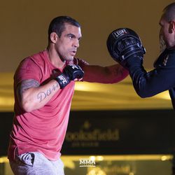 Vitor Belfort throws a right hand at the UFC 224 open workouts Wednesday inside Barra Shopping Mall in Rio de Janeiro, Brazil.