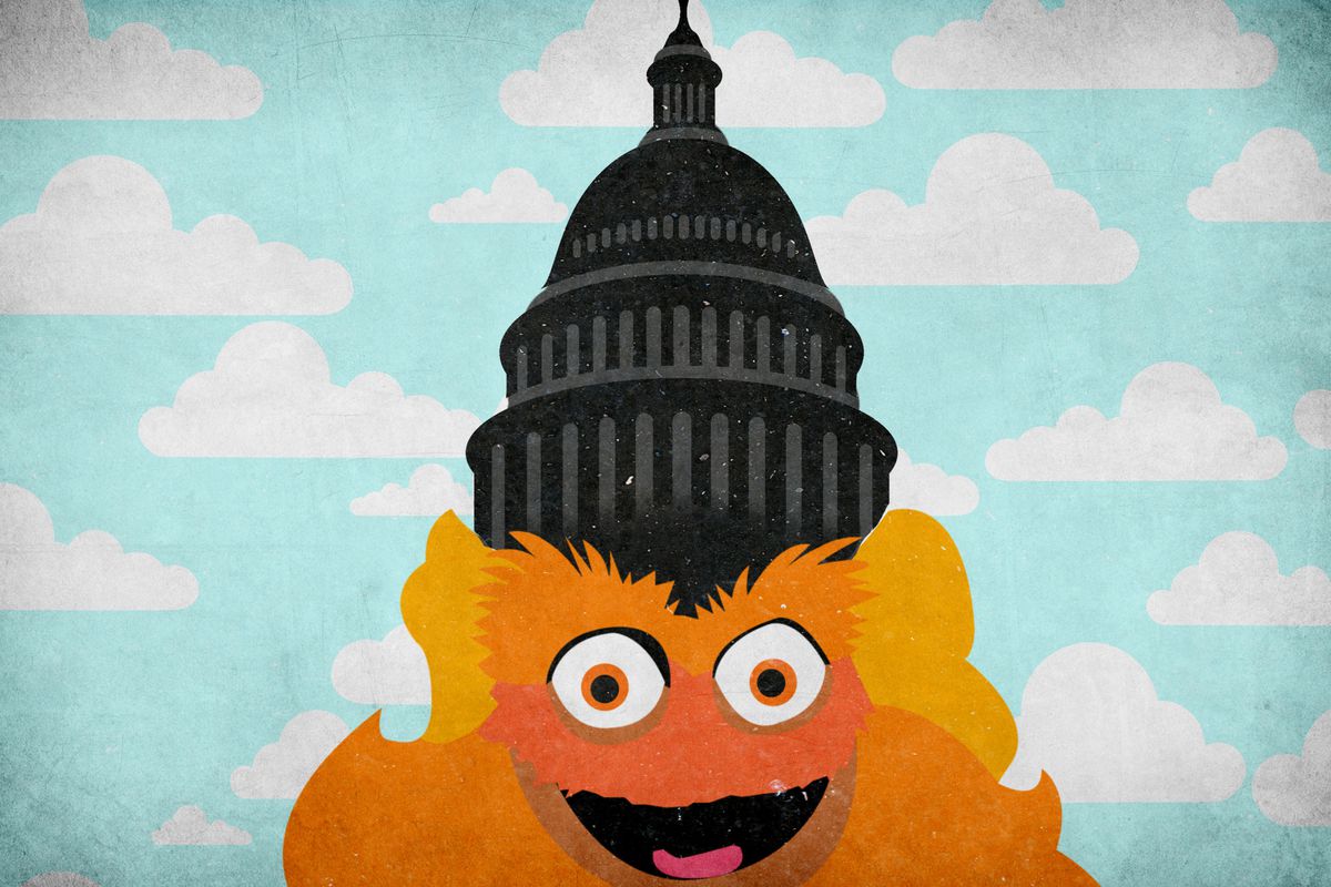 Illustration of Philadelphia Flyers mascot Gritty seemingly wearing the U.S. Capitol as a hat