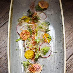 Snapper crudo with jalapeno, spring onion, and baby beet chips
