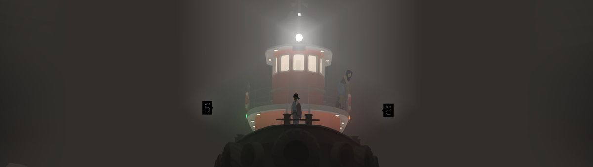 two figures standing on a boat heading toward the screen at night in Kentucky Route Zero