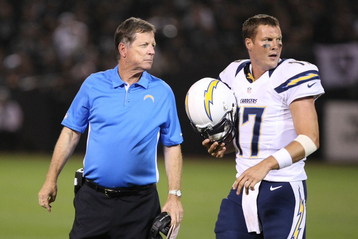 San Diego Chargers head coach Norv Turner and quarterback Philip Rivers look on during the third quarter against the Oakland Raiders at O.co Coliseum. Mandatory Credit: Kelley L Cox-US PRESSWIRE
