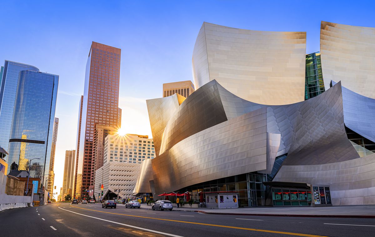 Walt Disney Concert Hall and Bunker Hill in Downtown LA at sunset.