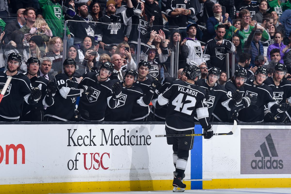 LOS ANGELES, CA - MARCH 11: Gabriel Vilardi #42 of the Los Angeles Kings celebrates his goal with teammates during the third period against the Ottawa Senators at STAPLES Center on March 11, 2020 in Los Angeles, California.