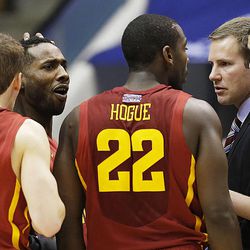 Iowa State's DeAndre Kane, left facing, reacts as he learns that he has been ejected for a flagrant 2 foul on BYU's Eric Mika as BYU and Iowa State play Wednesday, Nov. 20, 2013 in the Marriott Center in Provo. Iowa State won 90-88.