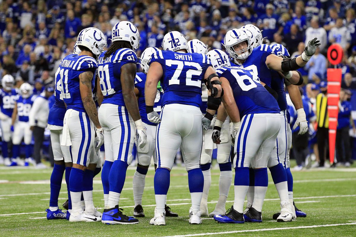 The Indianapolis Colts huddle up on the field in the game against the Las Vegas Raiders at Lucas Oil Stadium on January 02, 2022 in Indianapolis, Indiana.