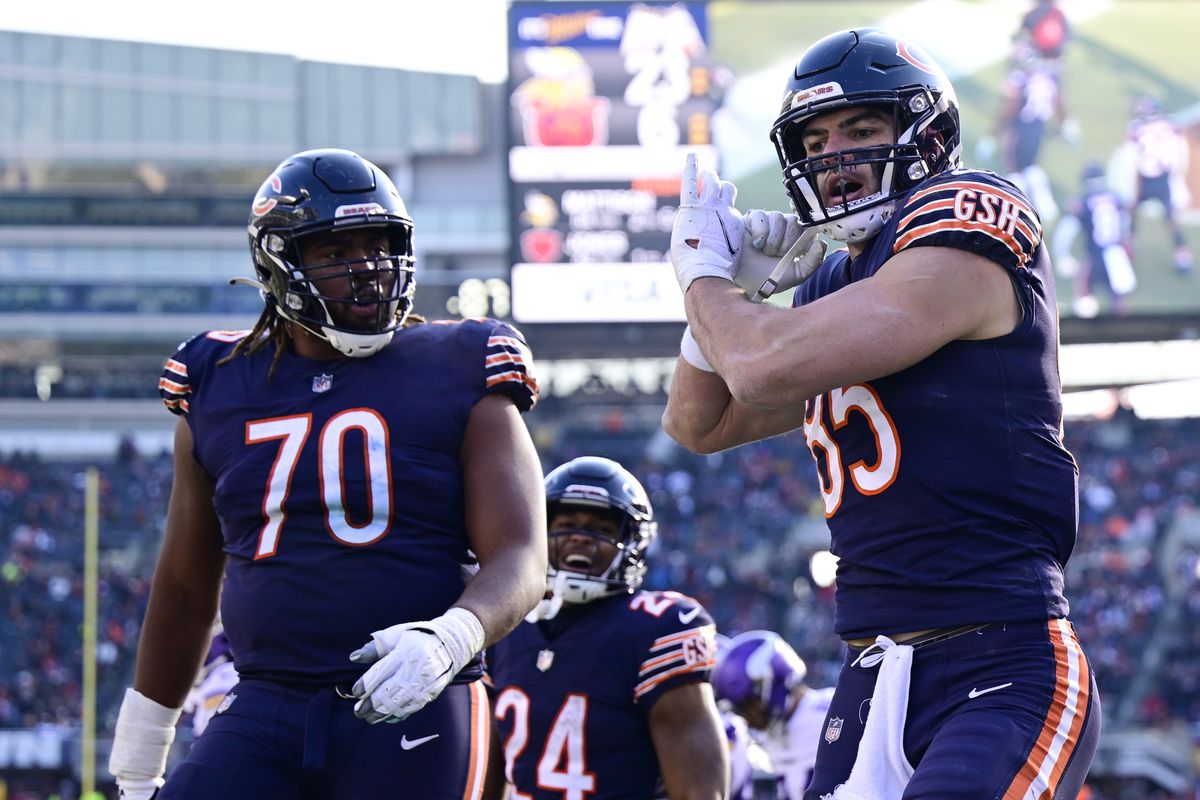 Cole Kmet #85 of the Chicago Bears celebrates after scoring a touchdown in the third quarter of the game against the Minnesota Vikings at Soldier Field on January 08, 2023 in Chicago, Illinois.