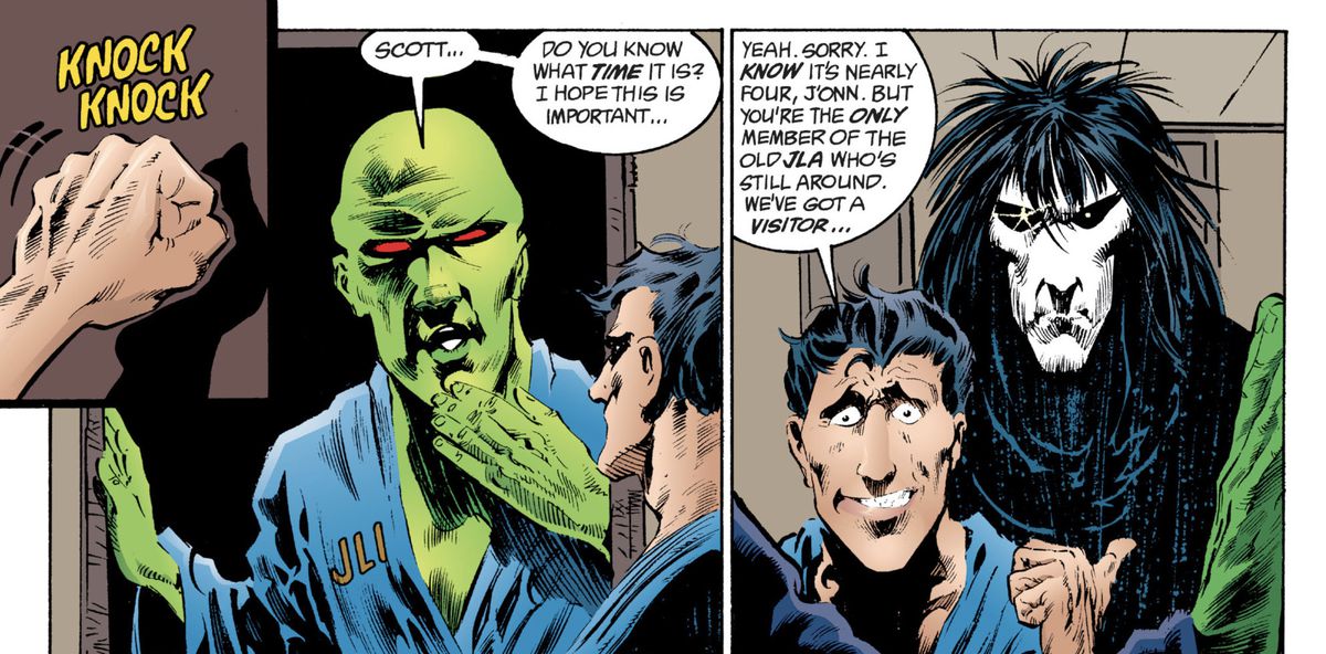 Mister Miracle/Scott Free nervously wakes the Martian Manhunter at four in the morning, to introduce him to their visitor, Dream of the Endless, in The Sandman #5 (1989).