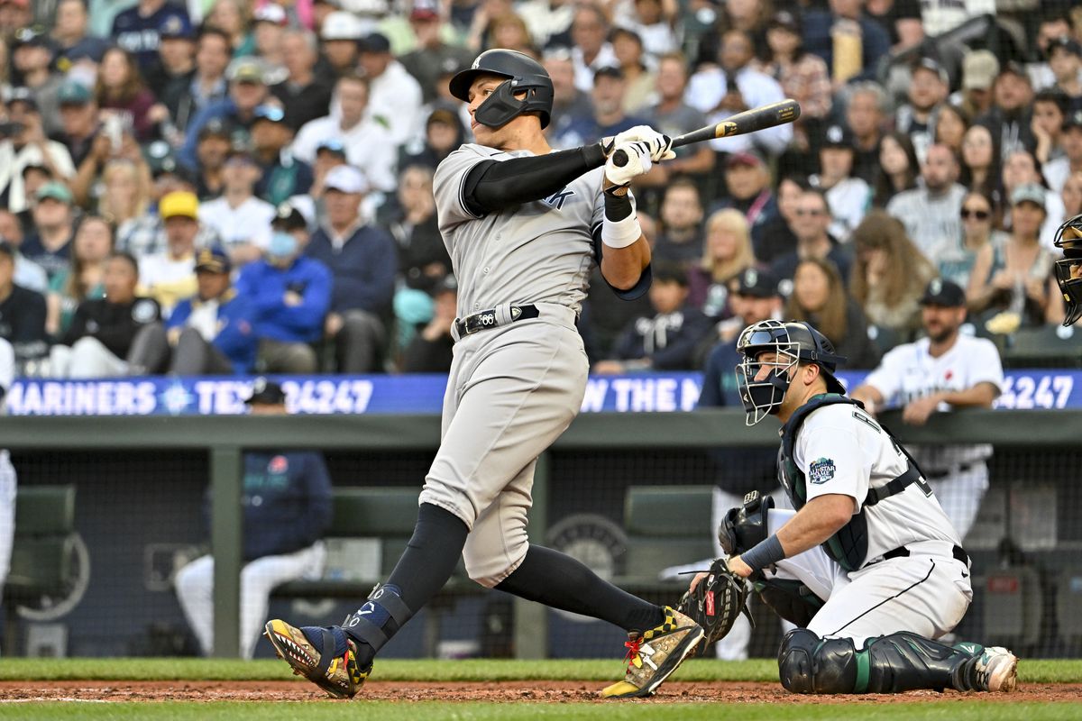 Aaron Judge of the New York Yankees hits a double during the fifth inning against the Seattle Mariners at T-Mobile Park on May 29, 2023 in Seattle, Washington.