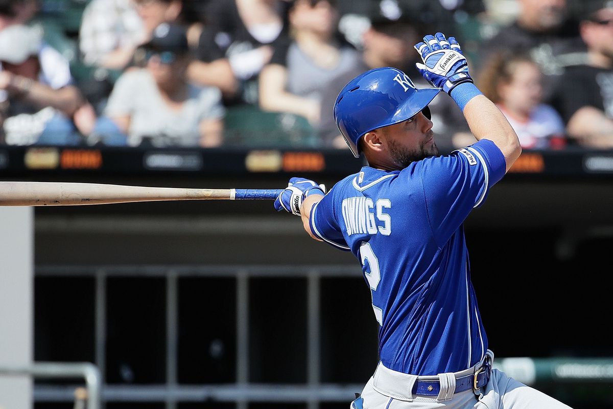 Chris Owings #2 of the Kansas City Royals bats against the Chicago White Sox at Guaranteed Rate Field on April 17, 2019 in Chicago, Illinois.