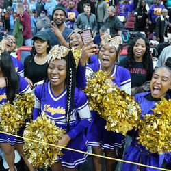 Providence St. Mel’s cheerleaders after the game, Saturday 03-09-19. Worsom Robinson/For the Sun-Times.