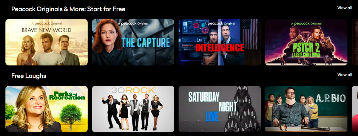 peacock homepage showing original series and NBC sitcoms