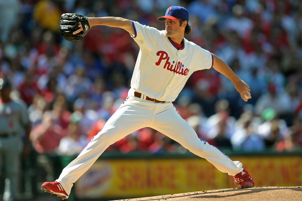 Non-alternate universe Cole Hamels, taking the mound for the Phils' home opener Monday. (Photo by Drew Hallowell/Getty Images)