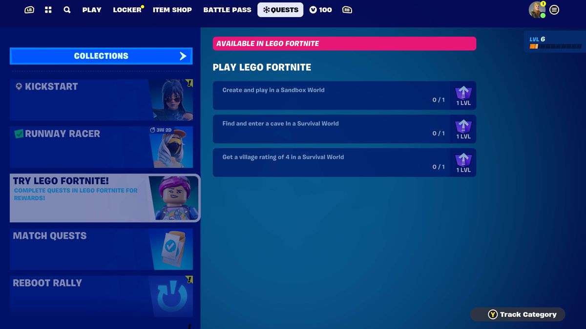 A menu shows a list of challenges that award XP in Lego Fortnite.