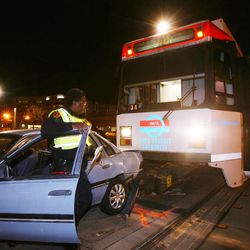 Salt Lake City police investigate a TRAX train and auto accident at 400 S. State Dec 2, 2008, in Salt Lake City.  