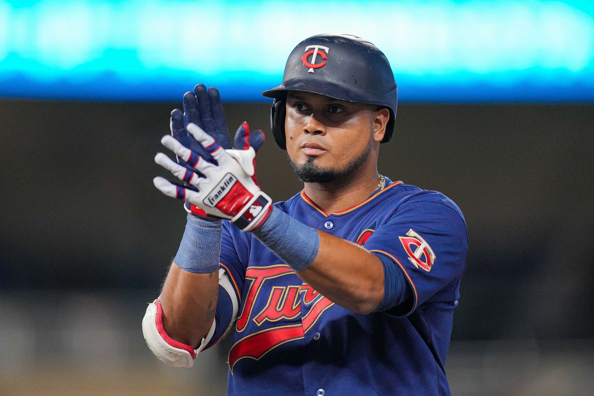 Minnesota Twins first baseman Luis Arraez (2) celebrates his single against the Detroit Tigers in the eighth inning at Target Field.