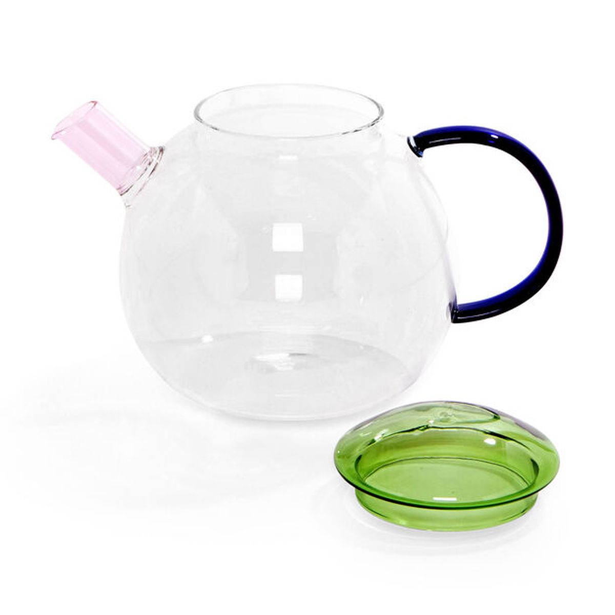 Rounded glass teapot with a green lid, blue handle, and pink spout.