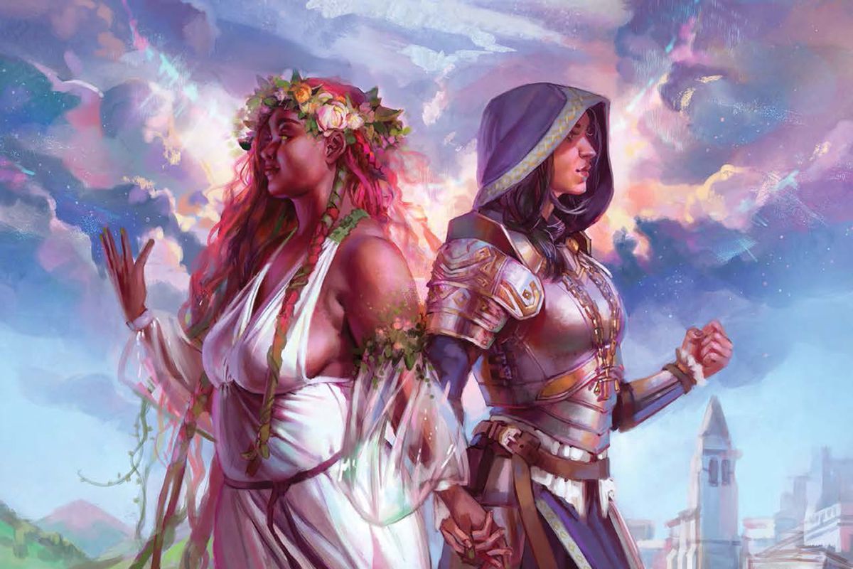 A Black woman in a white dress, flowers flowing from her red hair, stands back-to-back with a second woman wearing silver armor. The clouds break behind them over a gleaming city.