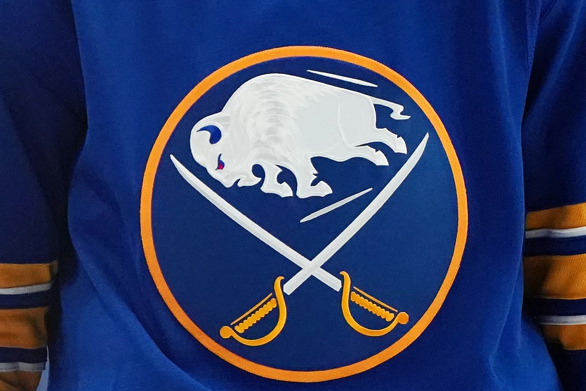 A general view of the Buffalo Sabres logo on a jersey during the game against the Washington Capitals at KeyBank Center on January 14 , 2021 in Buffalo, New York.