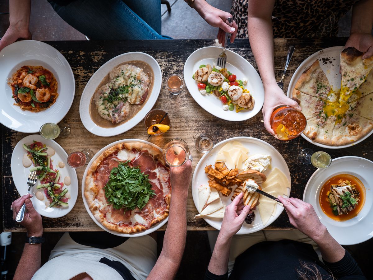 Eight Italian dishes viewed from overhead