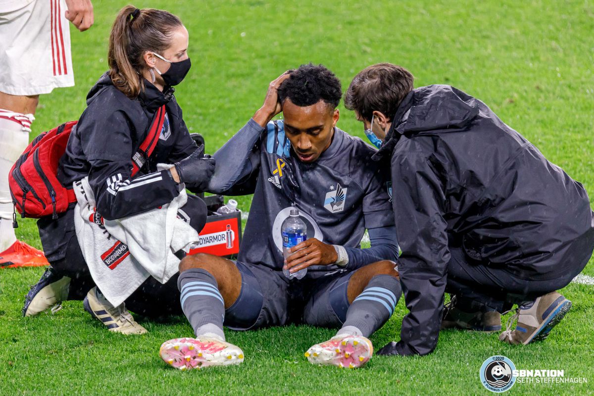 September 27, 2020 - Saint Paul, Minnesota, United States - Minnesota United midfielder Marlon Hairston (94) is treated for a head injury during the match against Real Salt Lake at Allianz Field. 