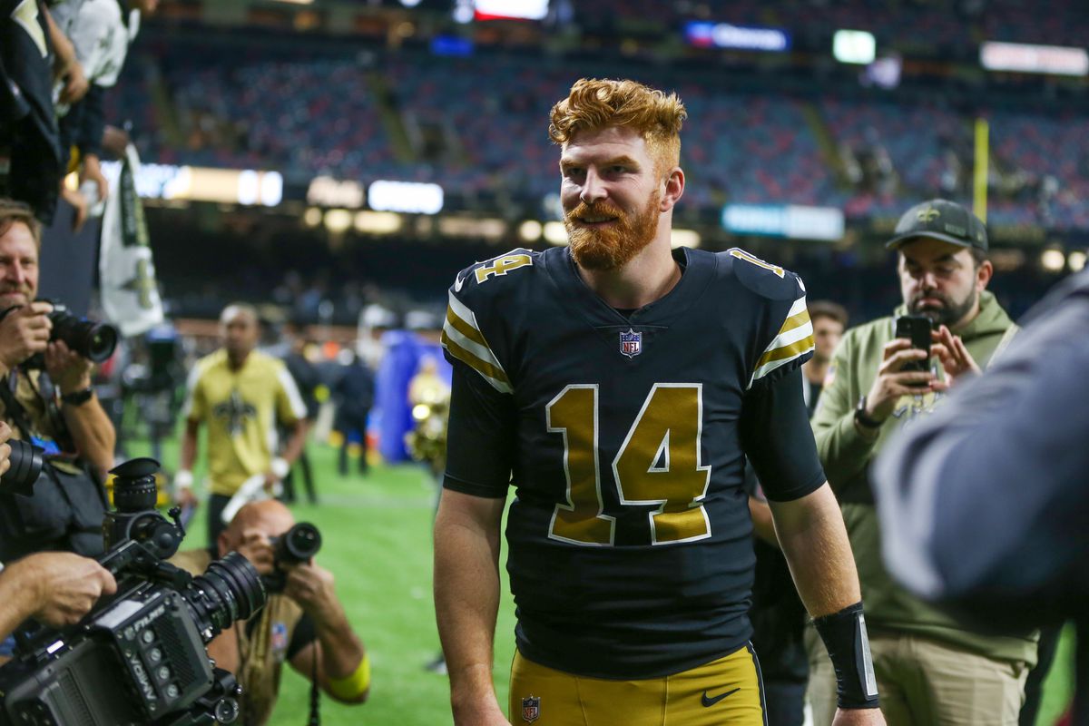 New Orleans Saints quarterback Andy Dalton (14) walks off the field after their game against the Los Angeles Rams at the Caesars Superdome. The Saints won, 27-20. Mandatory Credit: Chuck Cook