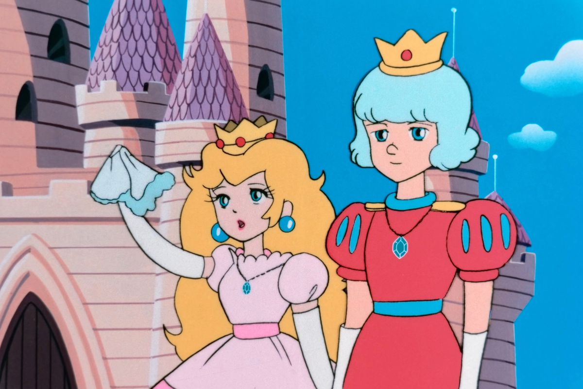Peach, standing next to Prince Haru, waves goodbye to Mario and Luigi in the ending of Super Mario Bros. - The Great Mission to Rescue Princess Peach