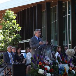 Ken Verdoia, chairman of the Utah Division of Arts and Museums, speaks at the dedication of the Beverley Taylor Sorenson Center for the Arts in Cedar City on Thursday.
