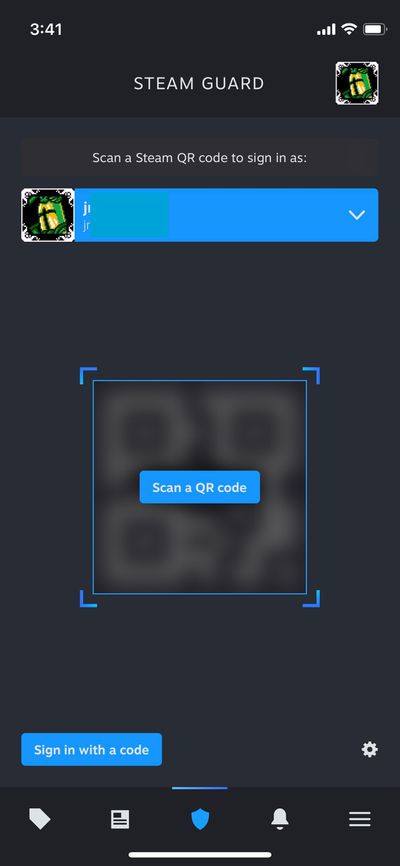 The screen where you can scan a QR code in Steam’s new mobile app. There are buttons to sign in with a QR code or with another code.