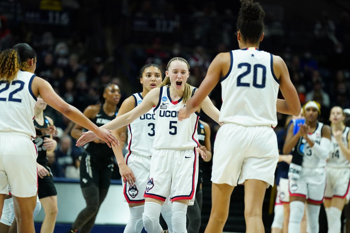 UConn Huskies guard Paige Bueckers reacts after a play against the UCF Knights in the second half at Harry A. Gampel Pavilion.