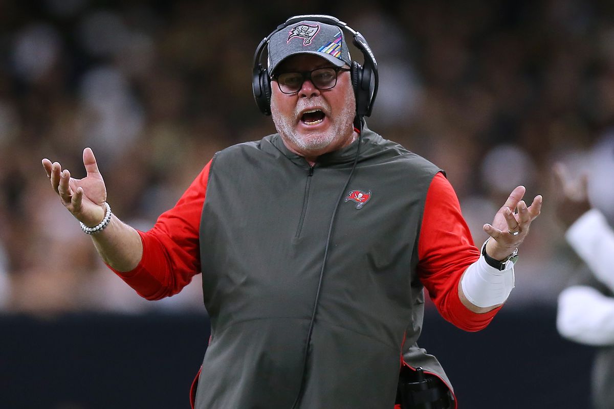 Head coach Bruce Arians of the Tampa Bay Buccaneers reacts during the first half of a game against the New Orleans Saints at the Mercedes Benz Superdome on October 06, 2019 in New Orleans, Louisiana.
