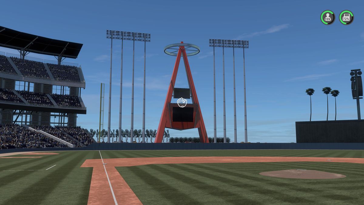Left field, and Anaheim Stadium’s famous “Big A” scoreboard, as created in MLB The Show 21 by a fan