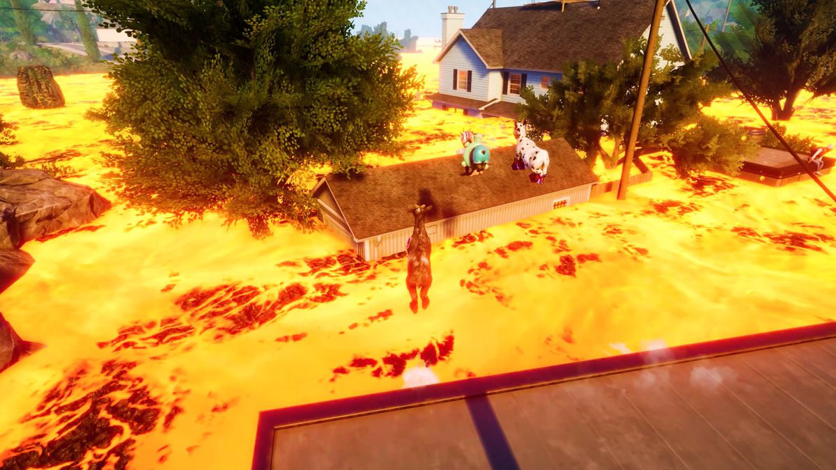 A trio of goats playing The Floor is Lava, jumping from rooftop to rooftop in Goat Simulator 3