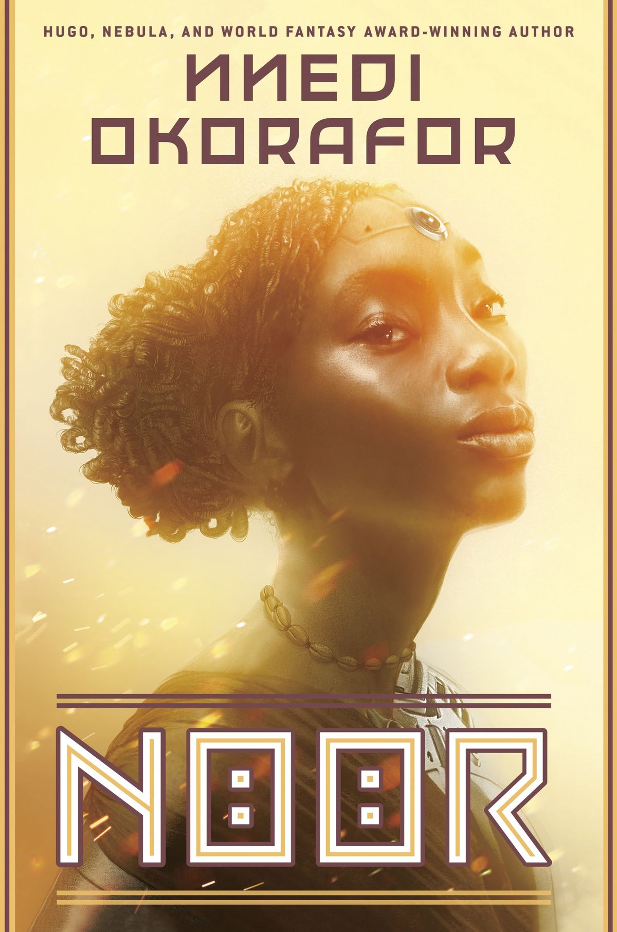 Noor by Nnedi Okorafor book cover featuring a young black woman in ornate jewelry
