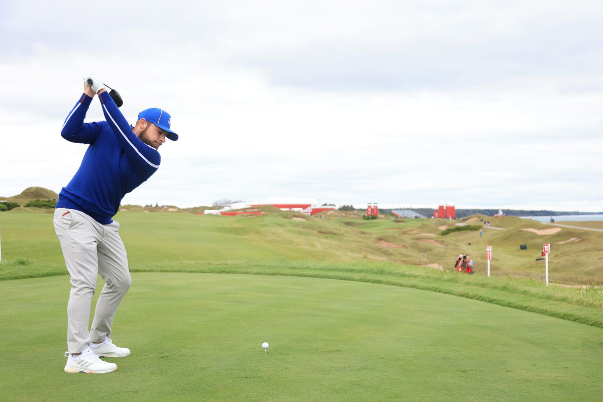 Tyrrell Hatton of England and team Europe plays his shot from the 11th tee prior to the 43rd Ryder Cup at Whistling Straits on September 21, 2021 in Kohler, Wisconsin.