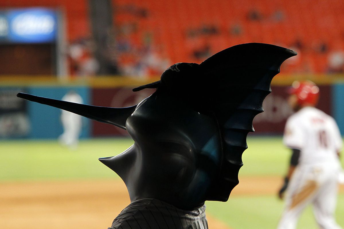 MIAMI GARDENS, FL - JUNE 10: Florida Marlins Mascot Billy The Marlin watches the action against the Arizona Diamondbacks at Sun Life Stadium on June 10, 2011 in Miami Gardens, Florida. (Photo by Eliot J. Schechter/Getty Images)