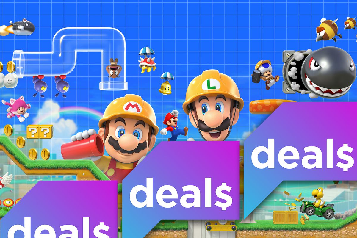 A promotional image of Mario and Luigi wearing hard hats looming over a Super Mario Maker 2 level, overlaid with the Polygon Deals logo