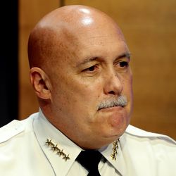 Salt Lake City Police Chief Mike Brown pauses while speaking to reporters about the investigation into missing University of Utah student Mackenzie Lueck at the Salt Lake Public Safety Complex in Salt Lake City on Thursday, June 27, 2019. Brown told Lueck's father that he is committed to do everything in his power to bring Mackenzie home.