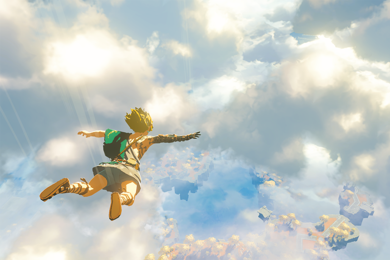 Screenshot from The Legend of Zelda: Tears of The Kingdom, featuring Link in free fall amid the clouds