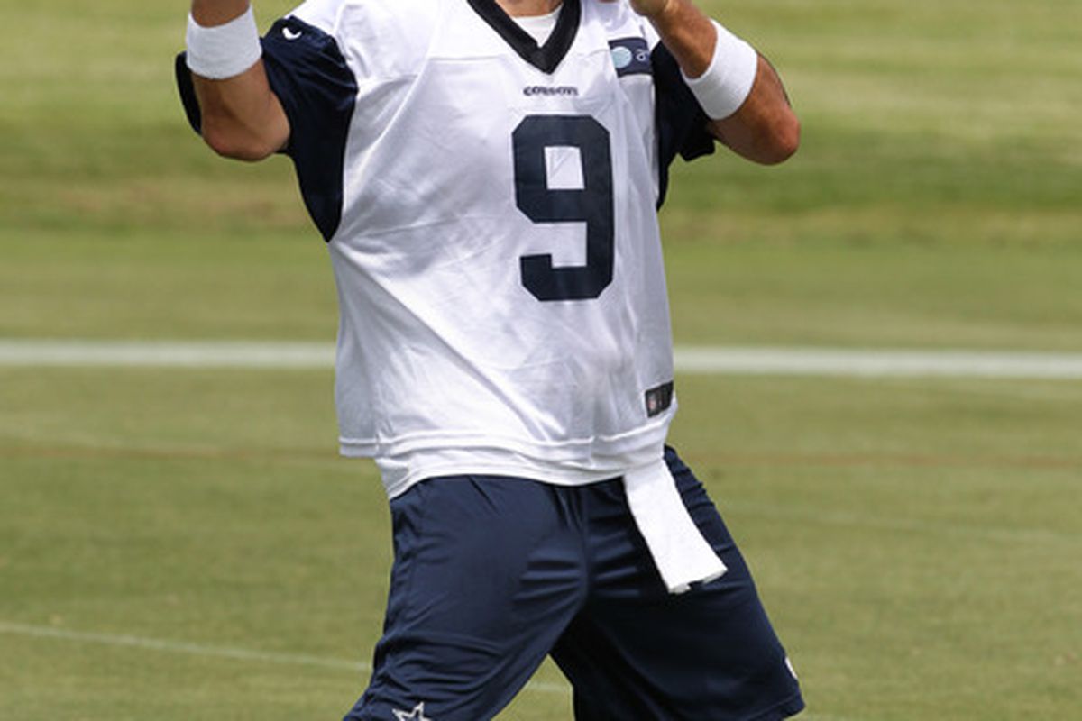 Jun 12, 2012; Irving, TX, USA; Dallas Cowboys quarterback Tony Romo (9) during minicamp at Dallas Cowboys headquarters.  Mandatory Credit: Matthew Emmons-US PRESSWIRE