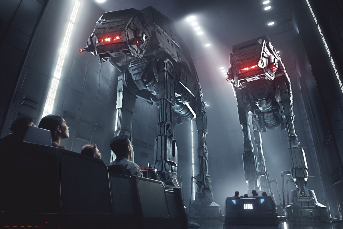 This rendering released by Disney and Lucasfilm shows people on the planned Star Wars: Rise of the Resistance attraction, part of "Star Wars: Galaxy's Edge." The 14-acre area set to open this summer at the Disneyland Resort in Anaheim, California, then in