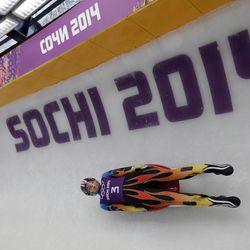 Kate Hansen of the United States completes a training run for the women's luge singles at the 2014 Winter Olympics, Tuesday, Feb. 4, 2014, in Krasnaya Polyana, Russia.